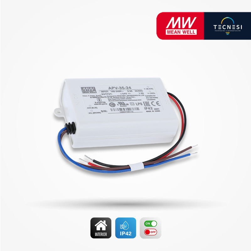 MEAN WELL (APV-35-24). Driver IP42, de 24V, 1.5A, 36W. On/Off.