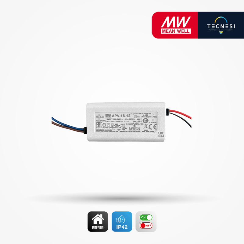 MEAN WELL (APV-16-12). Driver IP42, de 12V, 1.25A, 15W. On/Off.