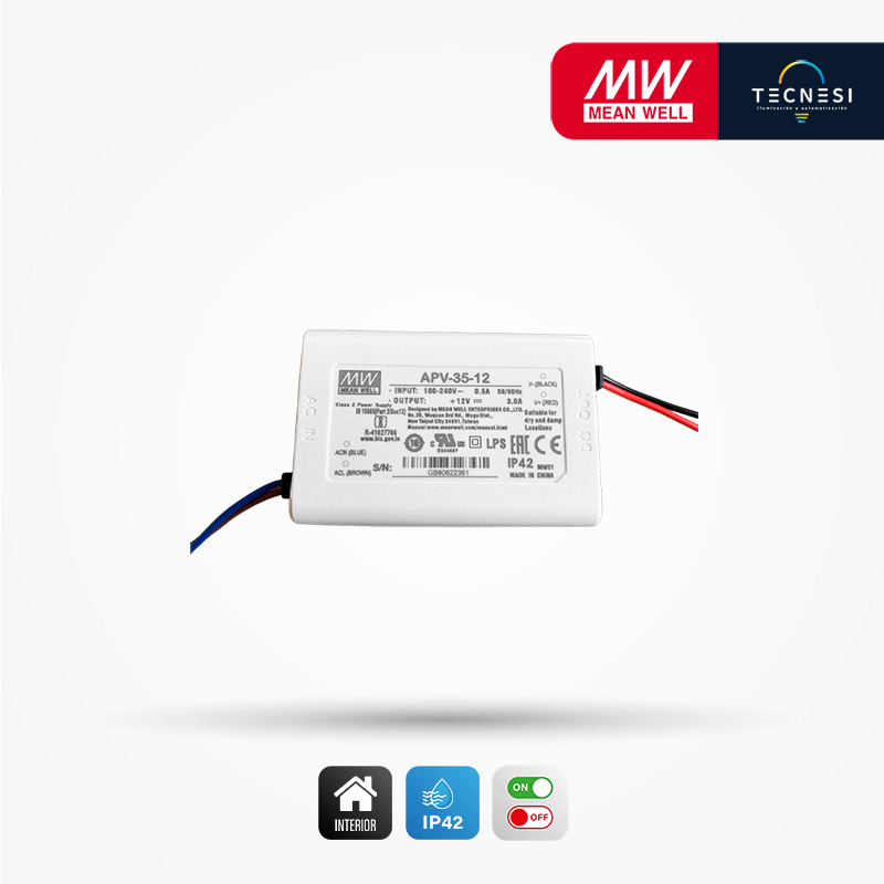 MEAN WELL (APV-35-12). Driver IP42, de 12V, 3A, 36W. On/Off.