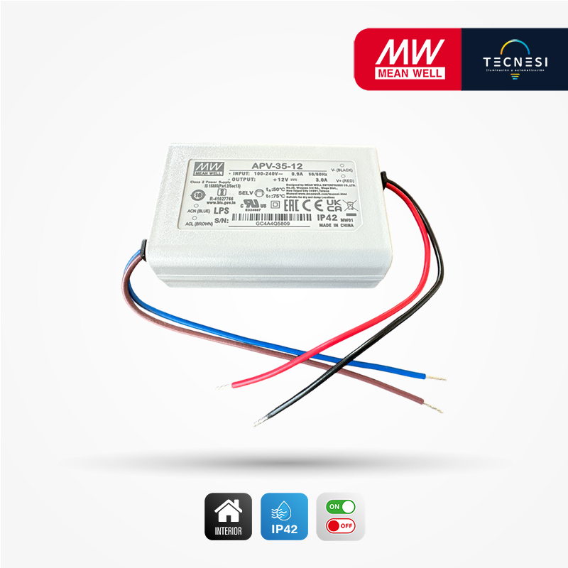 MEAN WELL (APV-35-12). Driver IP42, de 12V, 3A, 36W. On/Off.
