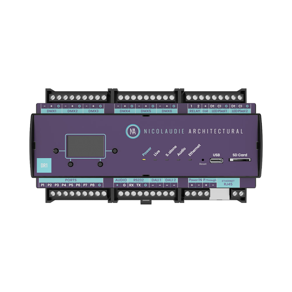 Nicolaudie DINA-DR1-LITE. Controlador DMX/RDM programable. 512CH (x2), Ethernet, 2000 escenas, 8 contactos secos. Expandible a: 512CH(x6), LED Pixel (SPIx2)