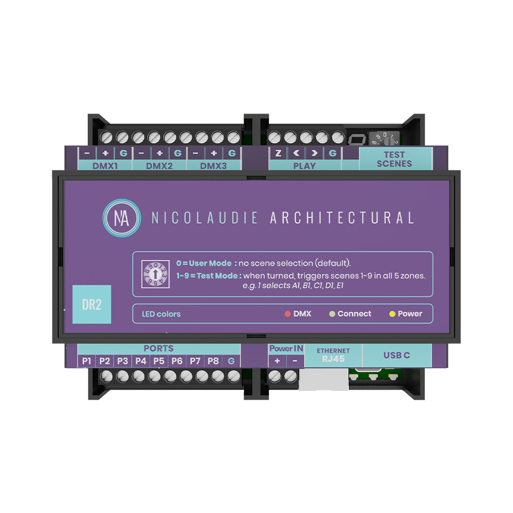Nicolaudie DINA-DR2-LITE. Controlador DMX/RDM programable. 512CH, Ethernet, 99 escenas, 8 contactos secos. Expandible a 512CH(x3)