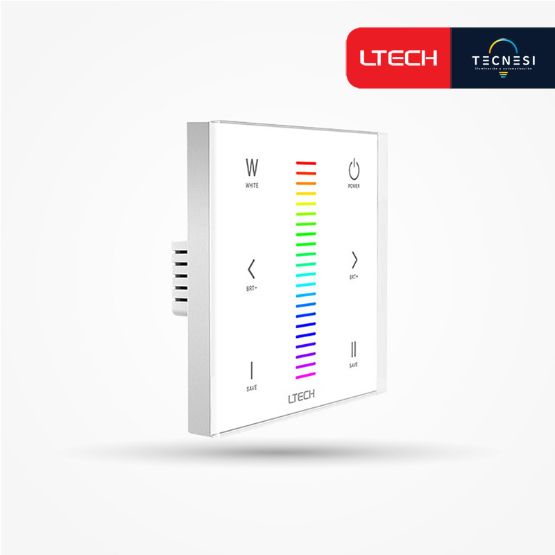 Controlador LTECH (E4). Táctil RGBW, de 12-24V. Salida: 3A*4CH, (36-72W)*4CH, Max. 288W. Sin modos de color. Caja tipo 86.