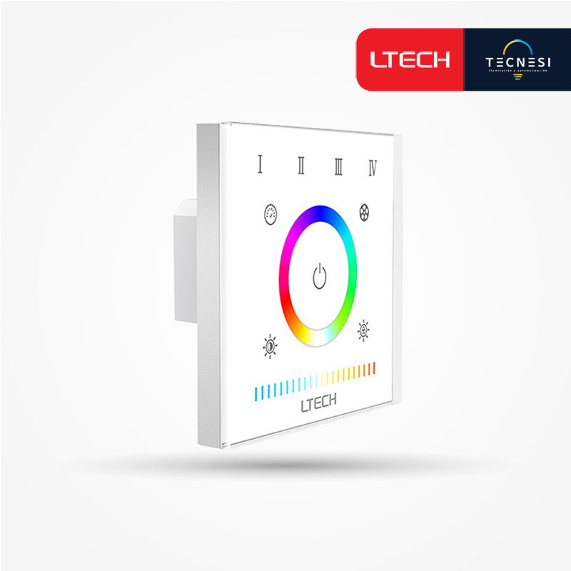 Controlador LTECH (E5S). Táctil RGB+CCT, de 12-24V. Salida: 3A*5CH, (36-72W)*5CH, Max. 360W. Caja tipo 86.