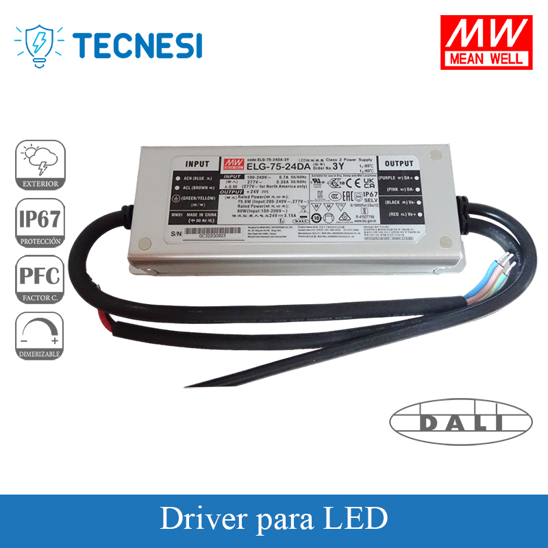 DRIVER LED MEAN WELL (ELG-75-24DA) DE 24V, 3.15A, 75.6W, IP67 METÁLICA. DALI.
