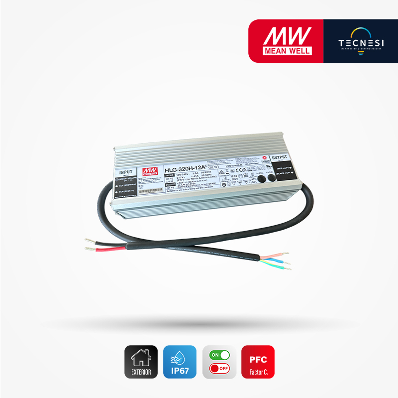 MEAN WELL (HLG-320H-12A). DRIVER IP65, DE 12V, 22A, 264W, PF>0.95. ON/OFF.