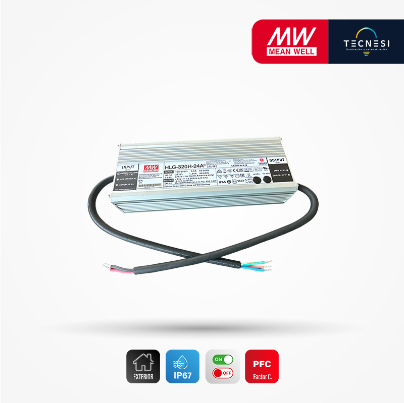 MEAN WELL (HLG-320H-24A). DRIVER IP65, DE 24V, 13.34A, 320.16W, PF>0.95. ON/OFF.