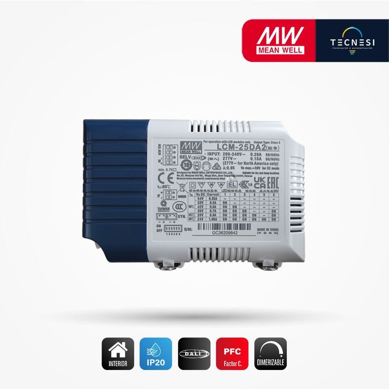 MEAN WELL (LCM-25DA2). DRIVER IP20, DE 6-54V, 350-1050MA, MAX. 25.2W, PF>0.94. DALI.