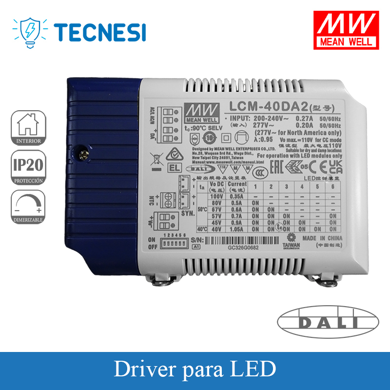 DRIVER LED MEAN WELL (LCM-40DA2) DE 2-100V 350-1050MA MAX.42W, IP20 DE PLÁSTICO. DALI.
