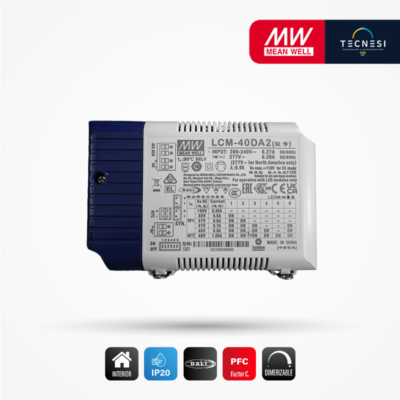 MEAN WELL (LCM-40DA2). DRIVER IP20, DE 2-100V, 350-1050MA MAX. 42W, PF>0.975. DALI.