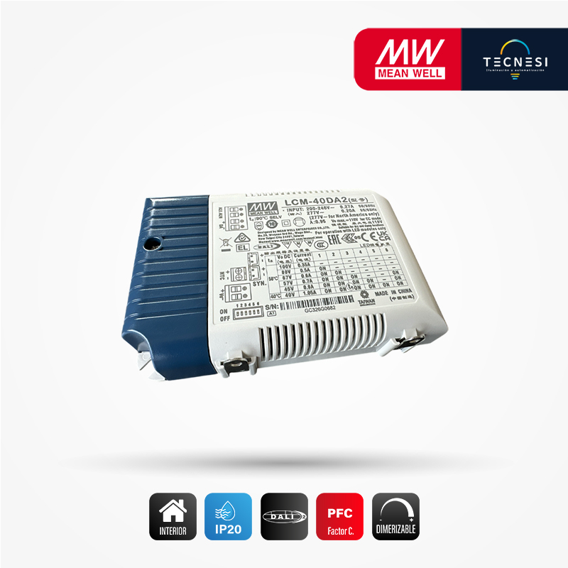 MEAN WELL (LCM-40DA2). Driver IP20, de 2-100V, 350-1050mA Max. 42W, PF>0.975. DALI.