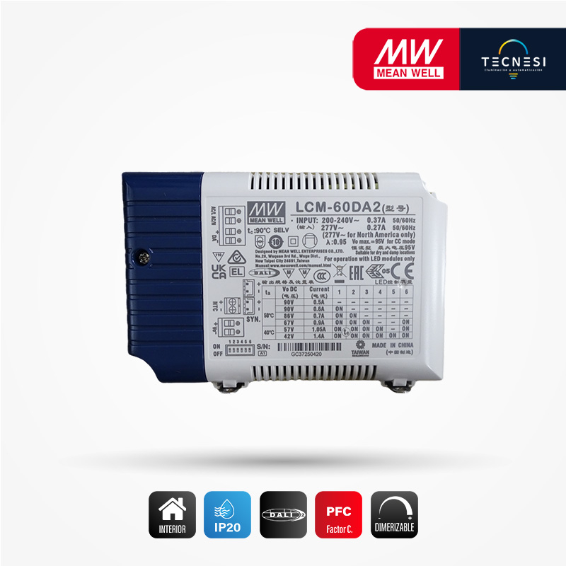 MEAN WELL (LCM-60DA2). DRIVER IP20, DE 2-90V, 500-1400MA, MAX. 60.3W, PF>0.975. DALI.