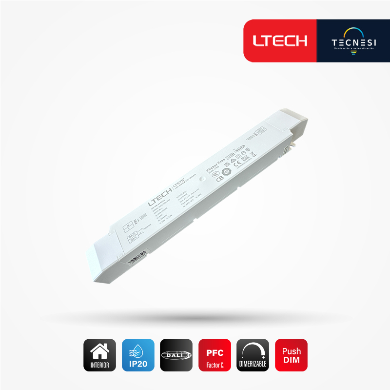 LTECH, driver IP20 (LM-100-24-G1D2). De 24V, 4.17A, 100W, PF>0.98. DALI, Push DIM.
