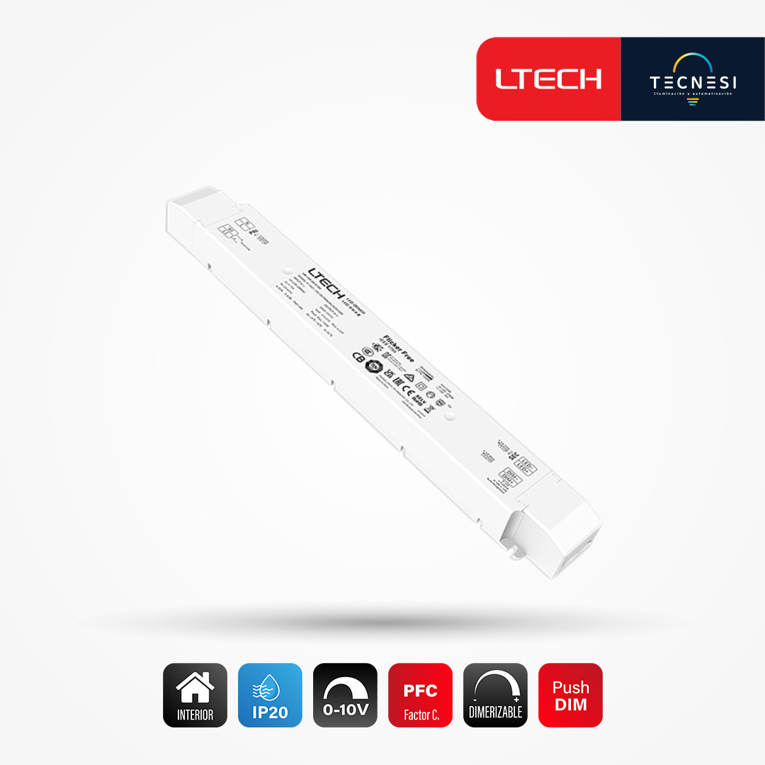 LTECH, driver IP20 (LM-150-24-G1A2). De 24V, 6.25A, 150W, PF>0.98. 0-10V, Push DIM.