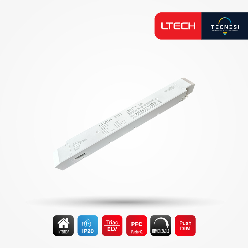 LTECH, driver IP20 (LM-150-24-G1T2).  De 24V, 6.25A, 150W, PF>0.98. Phase Cut / TRIAC / ELV, Push DIM.