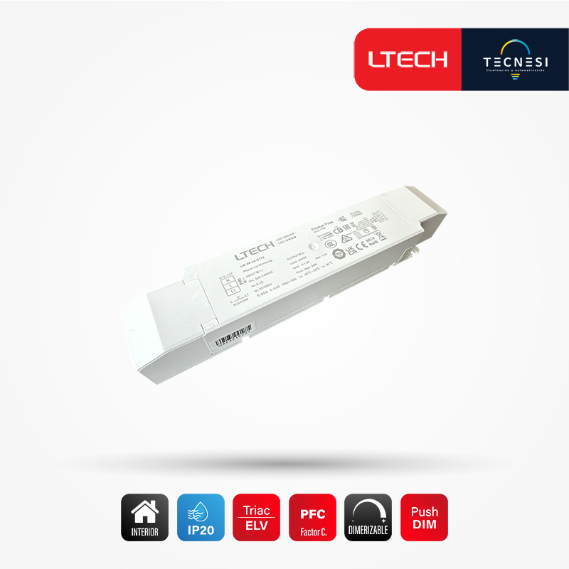 LTECH, driver IP20 (LM-36-24-G1T2). De 24V, 1.5A, 36W, PF>0.95. Phase Cut / TRIAC / ELV, Push DIM.