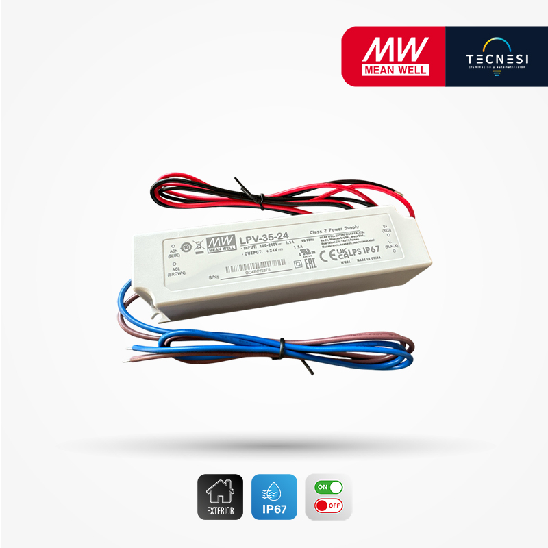 MEAN WELL (LPV-35-24). Driver IP67, de 24V, 1.5A, 36W. On/Off.
