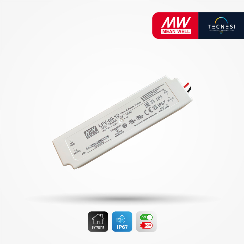 MEAN WELL (LPV-60-12). Driver IP67, de 12V, 5A, 60W. On/Off.