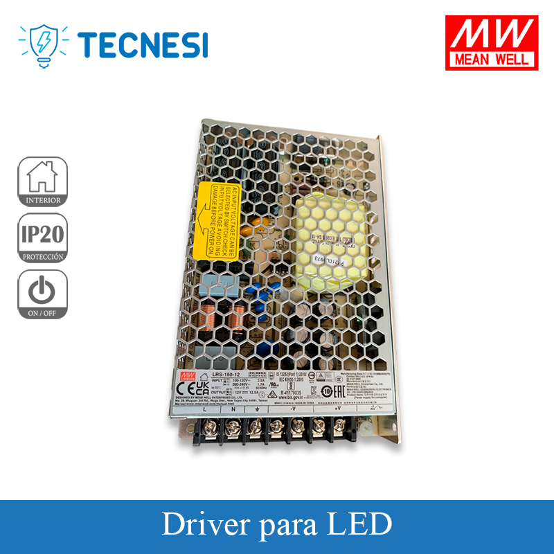 Driver led MEAN WELL (LRS-150-12) de 12V, 12.5A, 150W, IP20 metálica. On/Off.