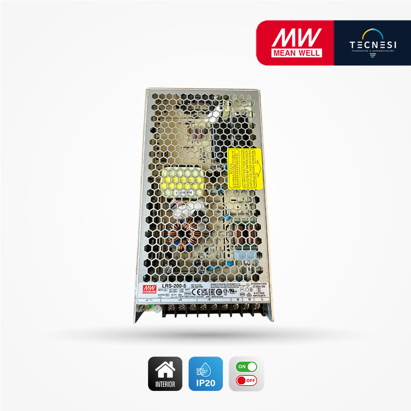 MEAN WELL (LRS-200-5). DRIVER IP20, DE 5V, 40A, 200W. ON/OFF.