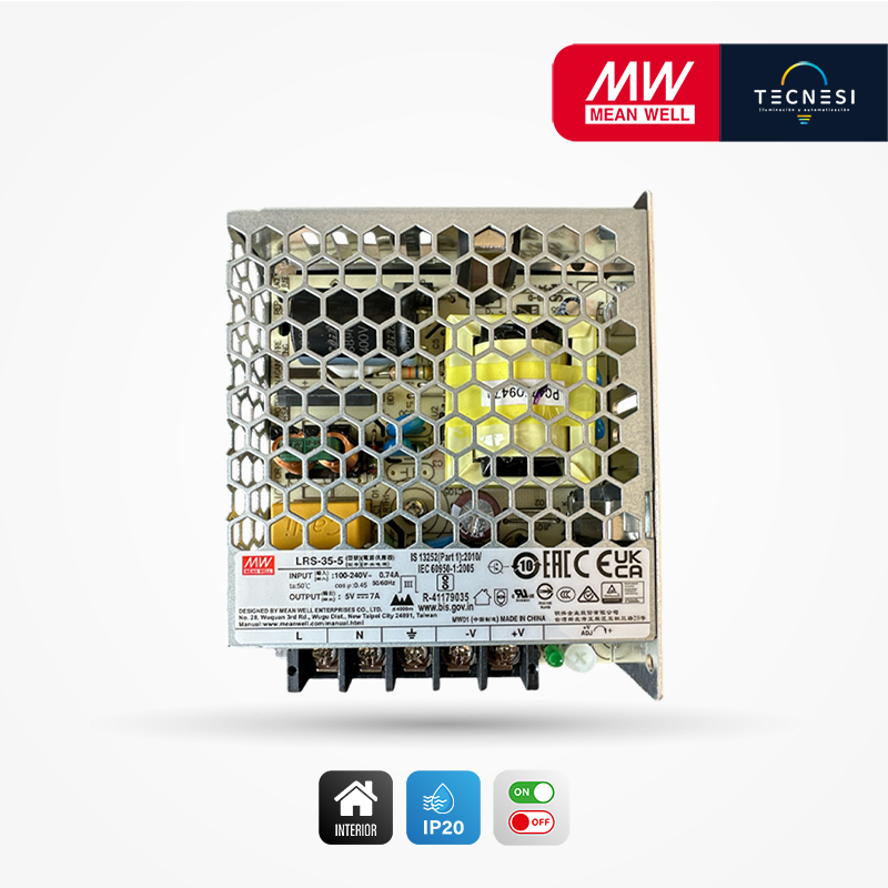 MEAN WELL (LRS-35-5). DRIVER IP20, DE 5V, 7A, 35W. ON/OFF.