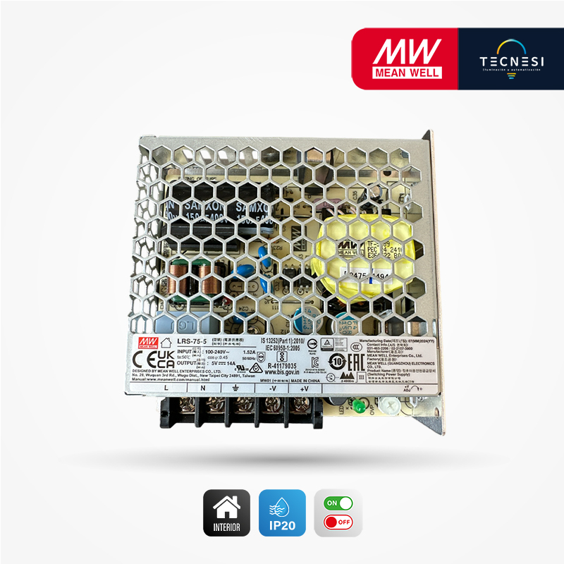 MEAN WELL (LRS-75-5). DRIVER IP20, DE 5V, 14A, 70W. ON/OFF.