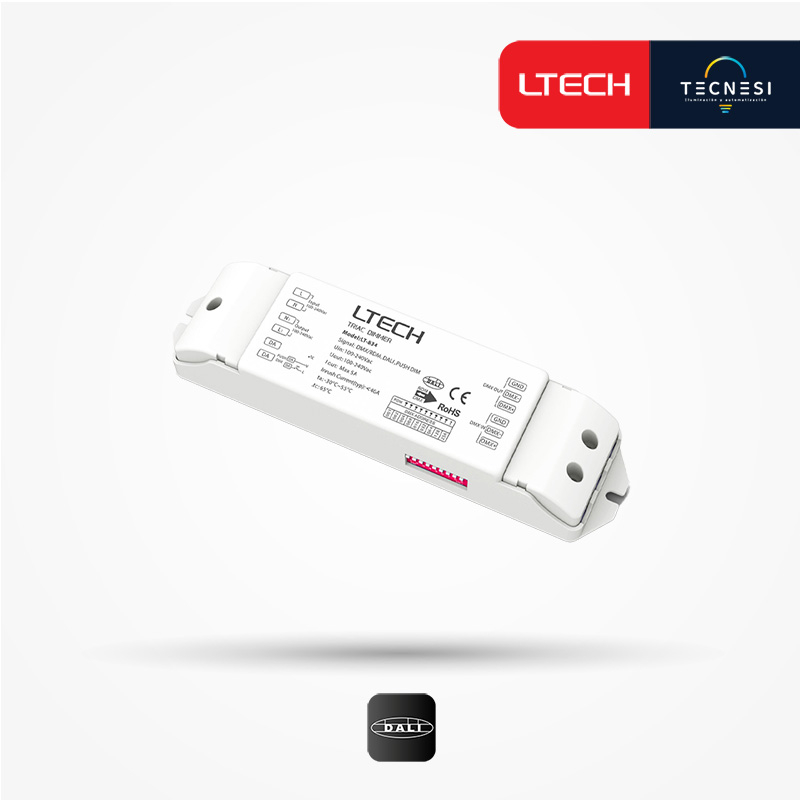 Controlador LTECH (LT-834). DALI/DMX - Corte de fase. Entrada: 100-240V. Controla luminarias TRIAC a través de DALI, DMX/RDM, PUSH.