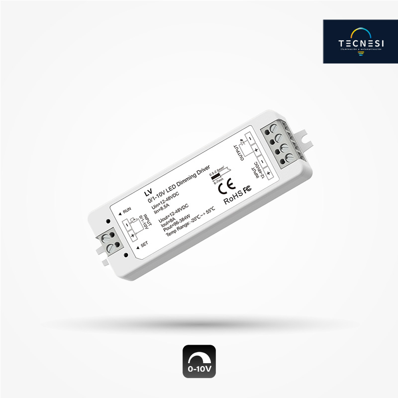 CONTROLADOR TECNESI (LV). 0-10V, 1-10V, PARA 12-48VDC DE 1CH. DE 8A: 12V@96W, 24V@192W, 36V@288W, 48V@384W.