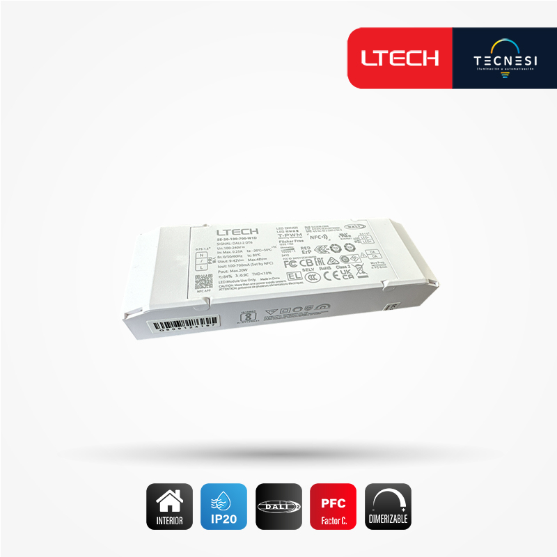 LTECH, DRIVER IP20 (SE-20-100-700-W1D). DE 9-42VDC, 100-700MA, 0.9-20W, PF>0.9. DALI, NFC.