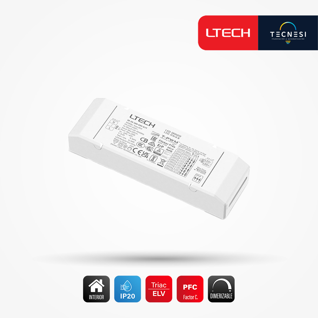 LTECH, DRIVER IP20 (SE-20-300-650-G1T). DE 9-42V, 300-650MA, 2.7-20W, PF>0.95. PHASE CUT / TRIAC / ELV.