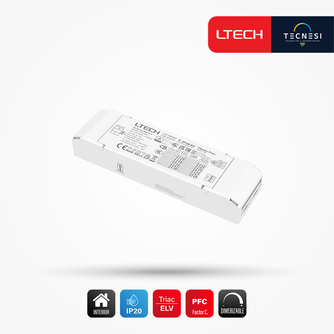 LTECH, DRIVER IP20 (SE-30-150-900-G1T). DE 9-42V, 150-900MA, 1.35-30W, PF>0.95. PHASE CUT / TRIAC / ELV.