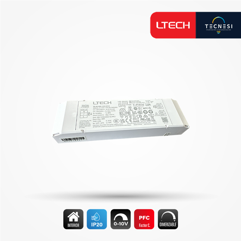 LTECH, DRIVER IP20 (SE-40-300-1050-W1A). DE 9-42VDC, 300-1050MA, 2.7-40W, PF>0.9. 0-10V, NFC.