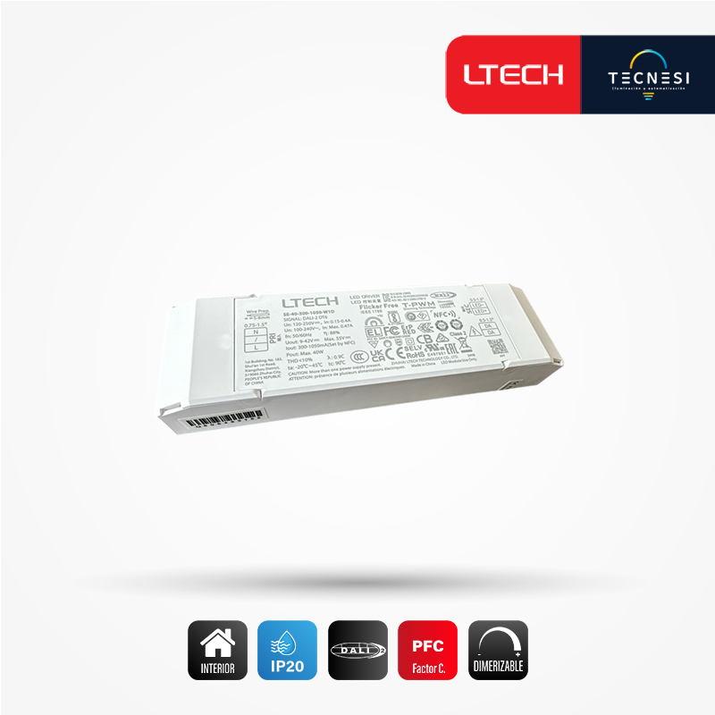 LTECH, DRIVER IP20 (SE-40-300-1050-W1D). DE 9-42VDC, 300-1050MA, 2.7-40W, PF>0.9. DALI, NFC.