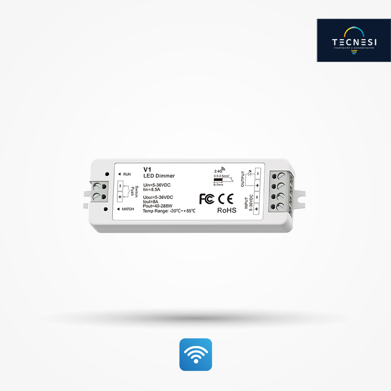 Controlador TECNESI (V1). Receptor de 1CH, de 5-36VDC. De 8A: 5V@40W, 12V@96W, 24V@192W, 36V@288W.