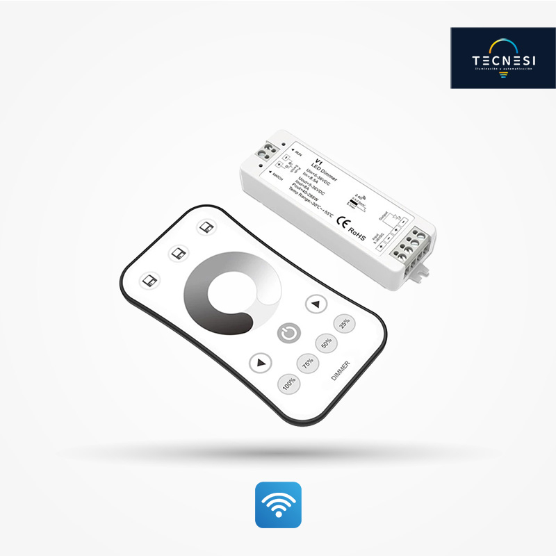 Controlador TECNESI (V1+R6-1). Kit para 1CH, de 5-36VDC. De 8A: 5V@40W, 12V@96W, 24V@192W, 36V@288W. Incluye control remoto (R6-1).