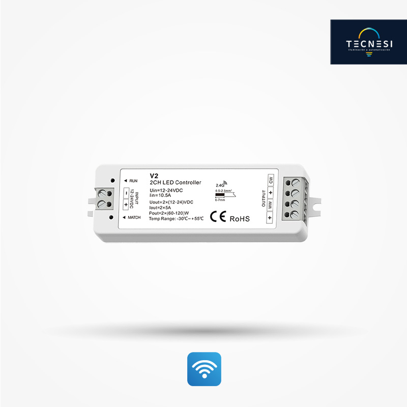 Controlador TECNESI (V2). Receptor CCT, de 12-24VDC. De 5A*2CH: 12V@120W, 24V@240W.