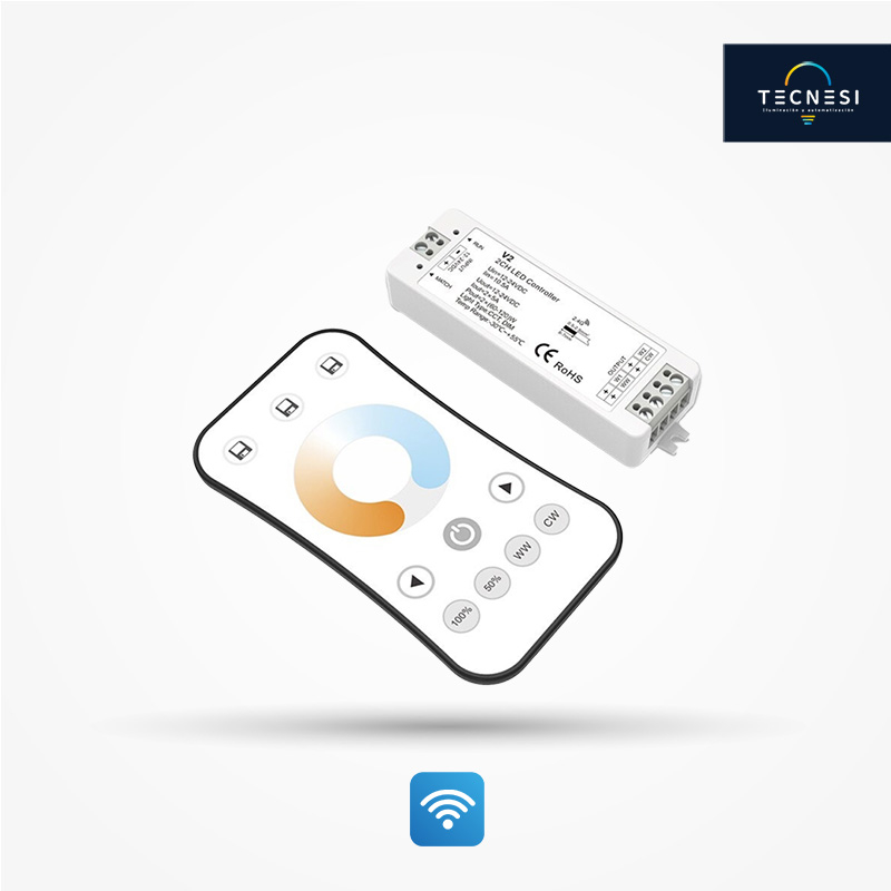 Controlador TECNESI (V2+R7-1). Kit para CCT, de 12-24VDC. De 5A*2CH: 12V@120W, 24V@240W. Incluye control remoto (R7-1).