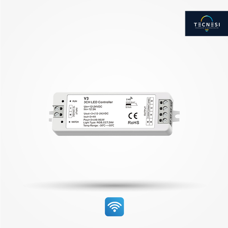 Controlador TECNESI (V3). Receptor RGB, de 12-24VDC. De 4A*3CH: 12V@144W, 24V@288W.