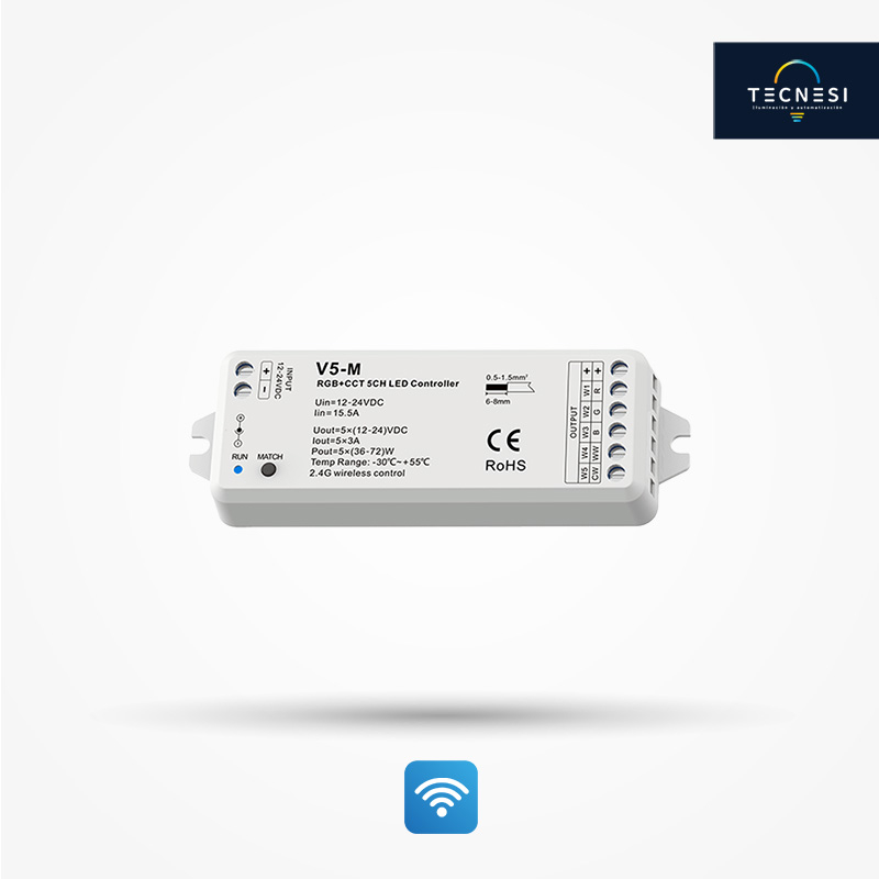 Controlador TECNESI (V5-M). Receptor RGB+CCT de 12-24VDC. De 3A*5CH: 12V@180W, 24V@360W.