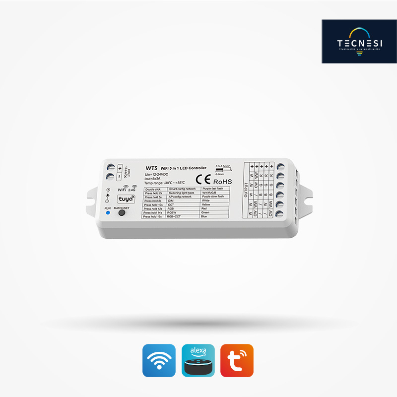 Controlador TECNESI (WT5). Para 1CH, CCT, RGB, RGBW y RGB+CCT de 12-24VDC. De 3A*5CH: 12V@180W, 24V@360W. Control por Wi-Fi (App Tuya).