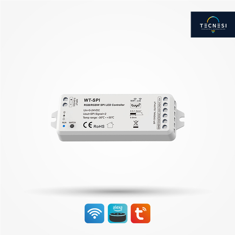 Controlador TECNESI (WT-SPI). Para Pixel de 5-24VDC. De 8A. SPI(TTL)x2, máximo 1000 pixel. Control por Wi-Fi (App Tuya).