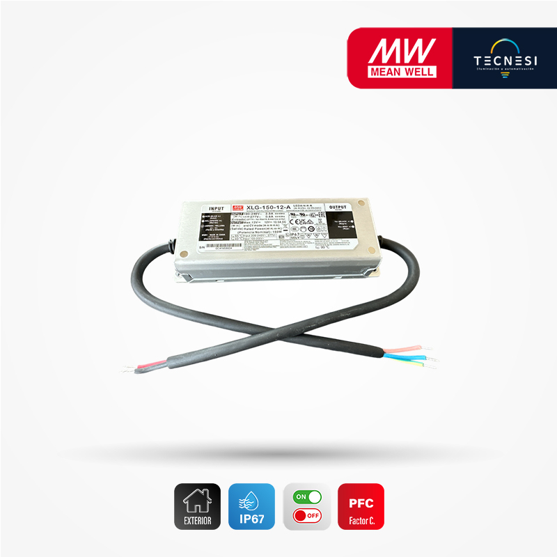 MEAN WELL (XLG-150-12-A). Driver IP67, de 12V, 12.5A, 150W, PF>0.95. On/Off.