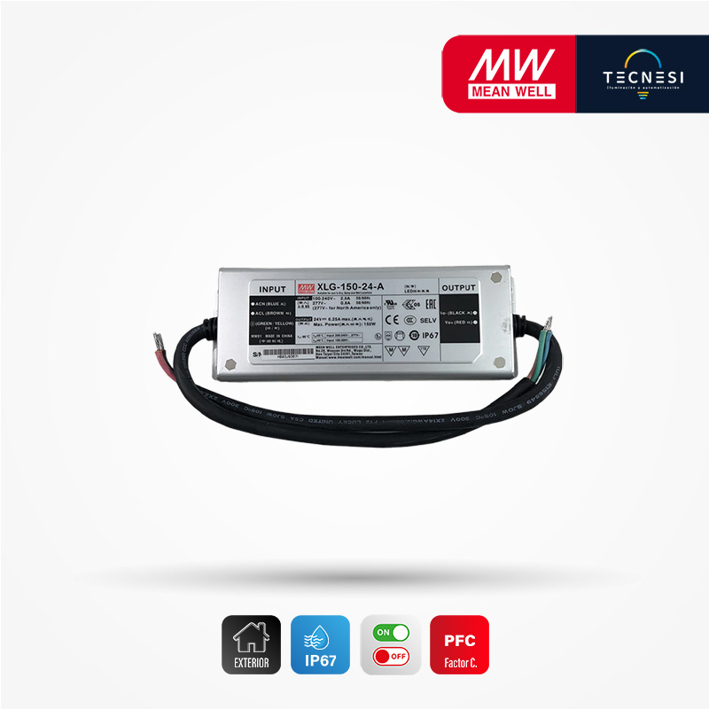 MEAN WELL (XLG-150-24-A). Driver IP67, de 24V, 6.25A, 150W, PF>0.95. On/Off.