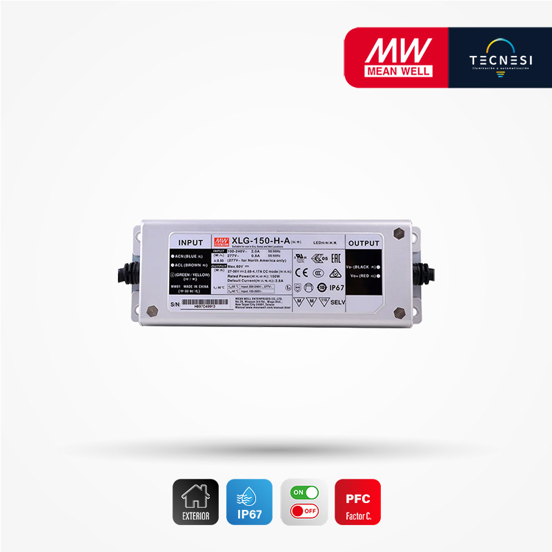 MEAN WELL (XLG-150-H-A). DRIVER IP67, 27-56V, 2680-4170MA, 150W, PF>0.95. ON/OFF.