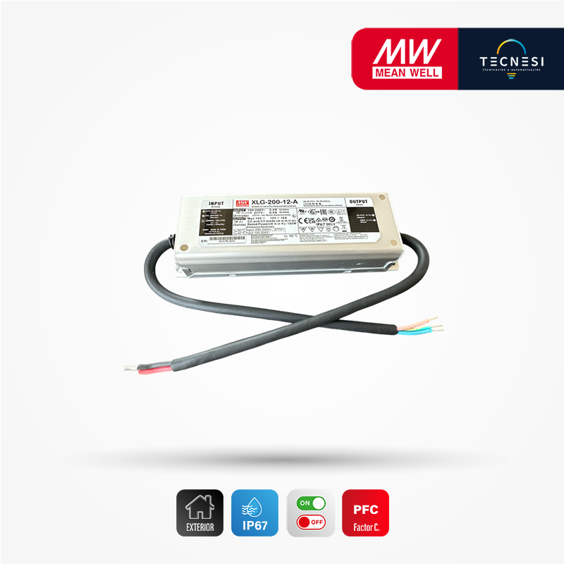 MEAN WELL (XLG-200-12-A). Driver IP67, de 12V, 16A, 192W, PF>0.95. On/Off.