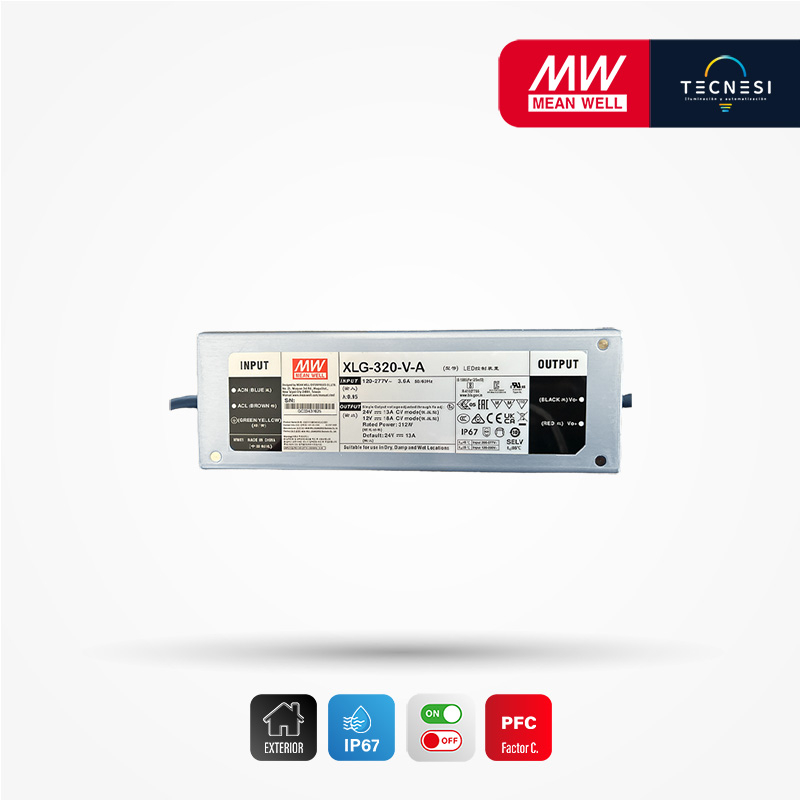 MEAN WELL (XLG-320-V-A). Driver IP67, de 24V, 13A, 312W. Regulable a 12V, 18A, 216W, PF>0.95. On/Off.